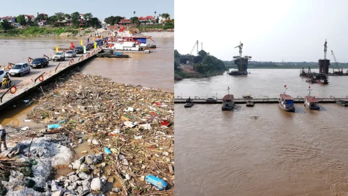 Cảnh tượng trăm khối rác đổ về gây áp lực thân cầu phao Phong Châu Cảnh tượng trăm khối rác đổ về gây áp lực thân cầu phao Phong Châu